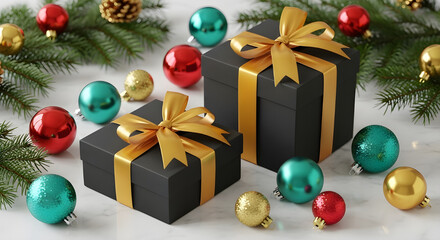 Christmas gift boxes with golden ribbon and holiday tree decorations and some color balls