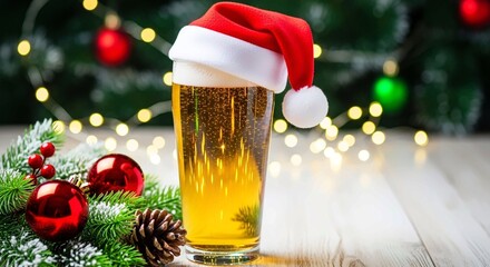 refreshing glass of beer wearing a santa hat surrounded by christmas ornaments and lights, perfect for a festive holiday celebration