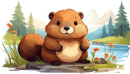 Charming cartoon beaver illustration sitting peacefully by a serene riverside landscape