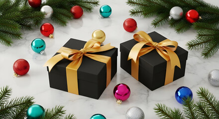 Christmas gift boxes with golden ribbon and holiday tree decorations and some color balls