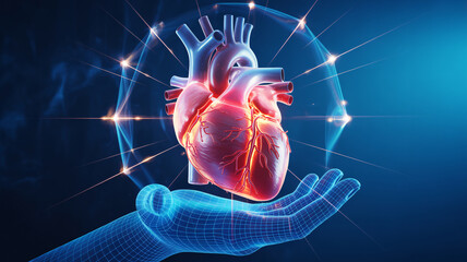 Experience the future of cardiac care with this vibrant heart model held by a wireframe hand, perfect for medical innovation and health technology visuals