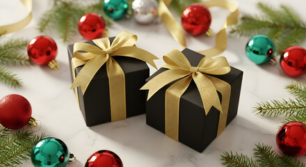 Christmas gift boxes with golden ribbon and holiday tree decorations and some color balls