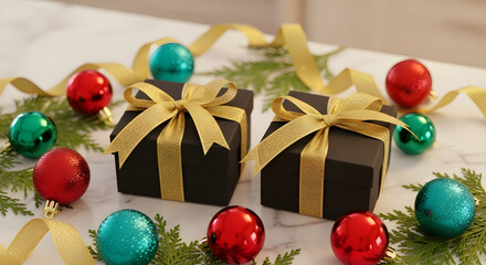 Christmas gift boxes with golden ribbon and holiday tree decorations and some color balls