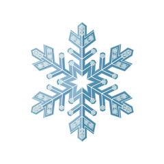 Fototapeta premium Intricate light blue snowflake with crystalline details on a white background, symbolizing winter and cold weather.