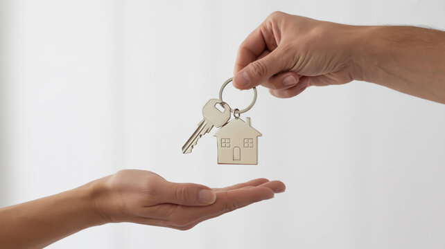 Handing over house key with a houseshaped keychain, real estate concept - Powered by Adobe