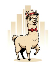 Obraz premium A cartoon llama wearing a hat and bow tie stands on a tan ground with building silhouettes