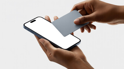 Hand holding smartphone and credit card for contactless payment