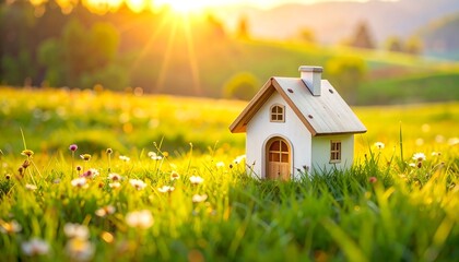Charming miniature house amidst blooming meadow bathed in golden sunlight