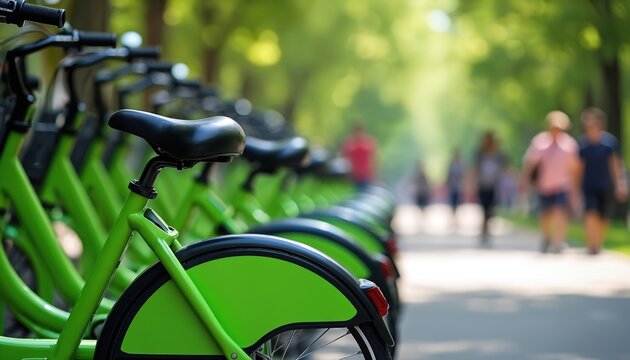 Bright green bicycles stand in a row at a park station. People walk on a path nearby. City bike sharing offers eco friendly urban transport and healthy activity.