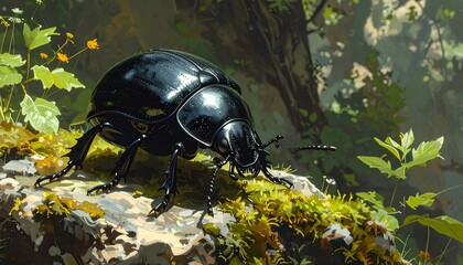 Close-up of a captivating black beetle perched on mossy rock in the forest