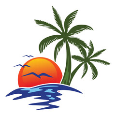Beach logo. Vector design of a beach, island, ocean waves, and coconut trees.