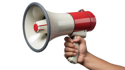 Hand holding a red and white megaphone