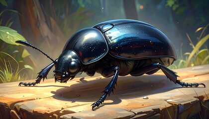 Close-Up of a Shiny Black Beetle Crawling on a Wooden Surface in Nature