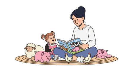 A mother sits cross-legged on a rug reading a book about farm animals to her young daughter, surrounded by plush toys.