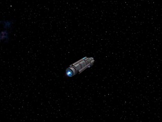A sleek, gray cylindrical spaceship with a glowing blue engine at its rear drifts silently through the star-speckled blackness of space, evoking a sense of futuristic exploration.