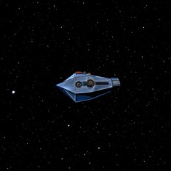 A sleek, blue and silver spaceship with a pointed nose and circular windows glides through the starry blackness of space, its design evoking a classic, retro-futuristic sci-fi aesthetic.