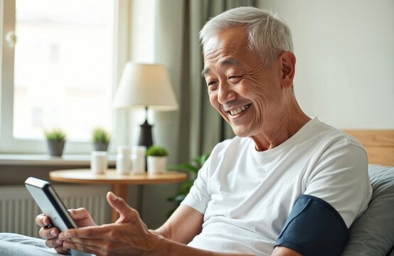 Asian senior man smiles, checking blood pressure level at home in bed. Uses smartphone for health monitoring, self-care daily. Elderly patient measures heart rate with modern tech, happy with - Powered by Adobe