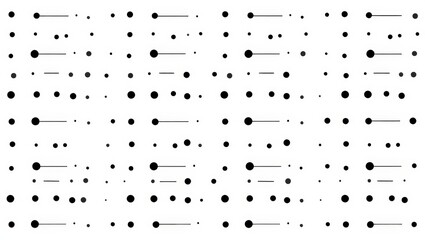 A minimalist geometric pattern of black dots and short horizontal lines arranged in a grid on a white background, creating a clean, modern, and rhythmic visual texture.