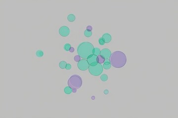 An abstract cluster of translucent, overlapping circles in soft teal and lavender hues of varying sizes, floating gently against a neutral gray background.