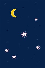 A serene night sky with a bright yellow crescent moon and twinkling white stars scattered across a deep blue background, creating a peaceful, celestial scene.