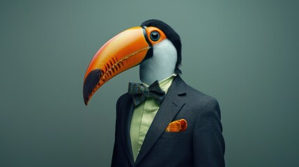 Naklejka premium Fantasy Toucan dressed in an elegant suit with a nice bow tie, confident and classy. Fashion portrait of an anthropomorphic animal, bird, posing