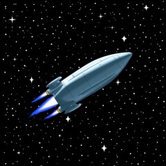 A sleek, silver rocket soars through a starry black space, its engines glowing with vibrant blue exhaust, symbolizing exploration and adventure.