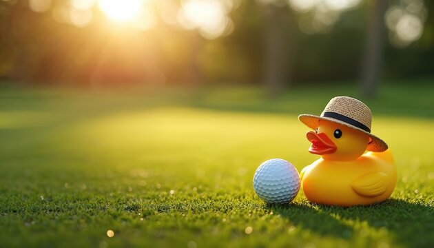 A yellow rubber duck wearing a straw hat sits on green grass near a white golf ball. Sunny day, bokeh background, playful mood, golf course setting. Outdoor leisure fun. - Powered by Adobe