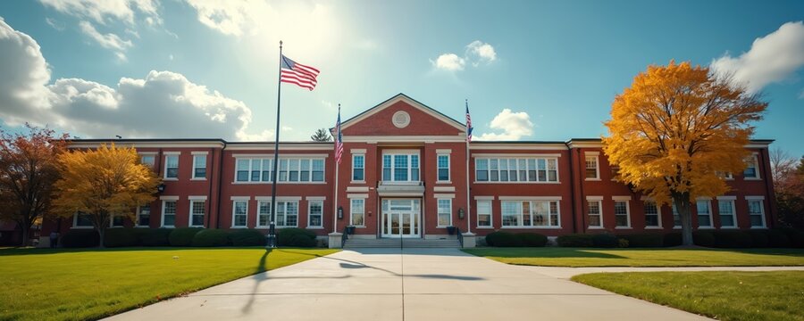 Traditional red brick American school building stands on sunny autumn day. Us flag waves proudly on pole. Green grass lawn, vibrant yellow autumn trees frame education institution campus exterior