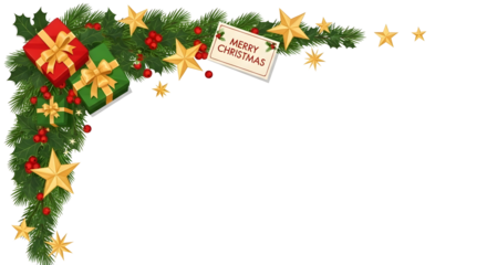 A festive Christmas corner border featuring evergreen garland, red berries, gold stars, and wrapped gifts against a light gray background, with a "MERRY CHRISTMAS" tag.