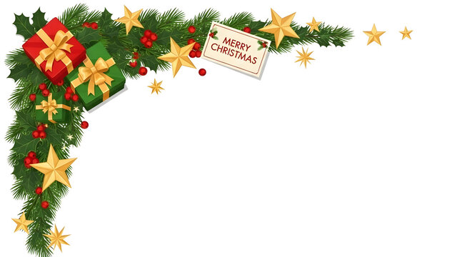 A festive Christmas corner border featuring evergreen garland, red berries, gold stars, and wrapped gifts against a light gray background, with a "MERRY CHRISTMAS" tag. - Powered by Adobe