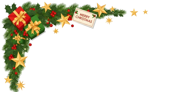 A festive Christmas corner border featuring evergreen garland, red berries, gold stars, and wrapped gifts against a light gray background, with a "MERRY CHRISTMAS" tag.