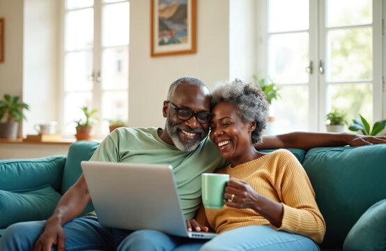 Happy African american couple relax on sofa watching laptop together. Man and woman smile while looking at screen. Woman holds mug and enjoys time with husband at home.