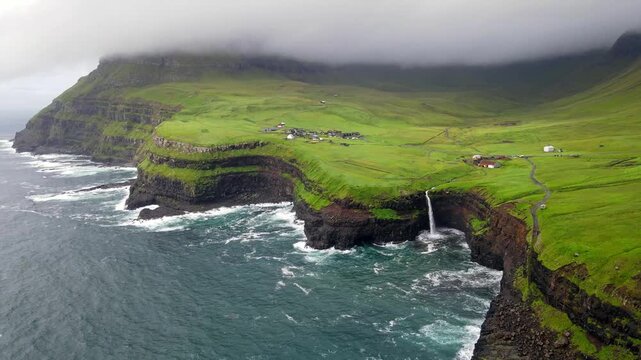 Mulafossur Waterfall and Gasadalur Village, Faroe Islands