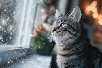 A cat looking out a window at the snow