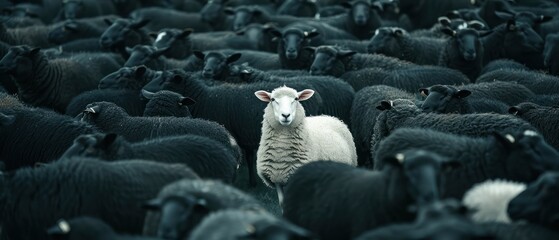 White sheep among a flock of black sheep isolated individual difference from group farm.