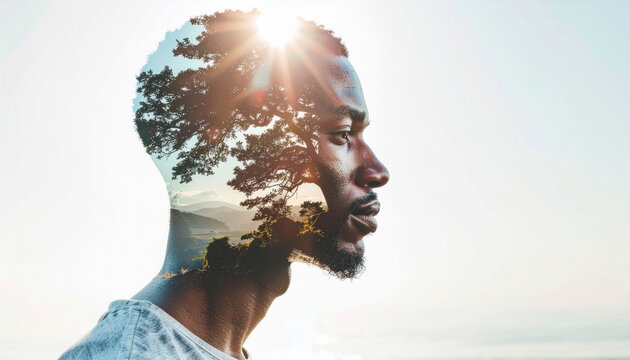 Double exposure man profile with tree and landscape during sunset Nature