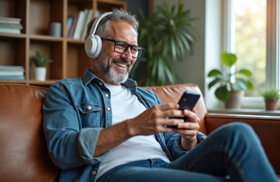 Smiling mature man with glasses listens music on wireless headphones. Scrolls smartphone, relaxing on brown leather couch. Happy adult male freelancer enjoys personal audio content at home. Takes