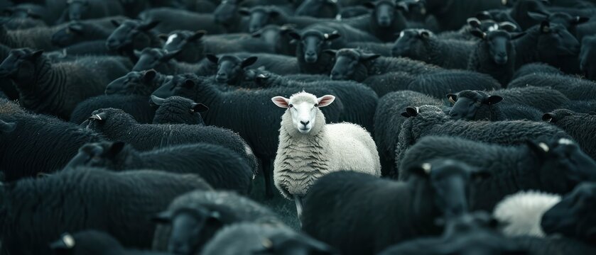 White sheep among a flock of black sheep isolated individual difference from group farm.