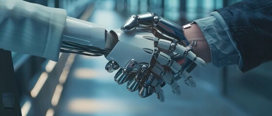 Handshake between human cyborg and robot in a research lab, working together partnership with future.