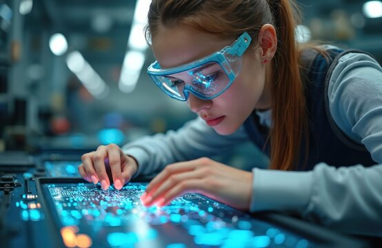 Young woman engineer with safety glasses works on futuristic glowing circuit board. Touches screen, examining intricate digital tech display in modern lab. Expertise in advanced electronics
