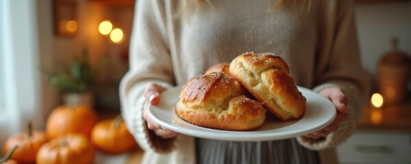 Woman holds white plate with fresh homemade buns. Golden baked pastry sprinkled with sugar. Warm autumn home kitchen decor with pumpkins, cozy bokeh lights create festive mood. Fall season