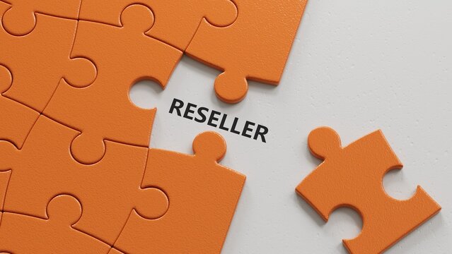 puzzle pieces with missing pieces with text RESELLER. financial market. financing.close up of puzzle pieces with missing pieces,Business Concept.3D rendering.