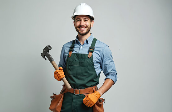 Young smiling man wears safety helmet, blue shirt, green overalls, tool belt and orange gloves. He holds a hammer, ready for construction or repair work. Pro occupation, skilled tradesman.