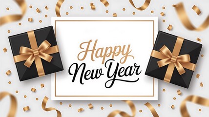Festive Happy New Year background with gifts and golden confetti
