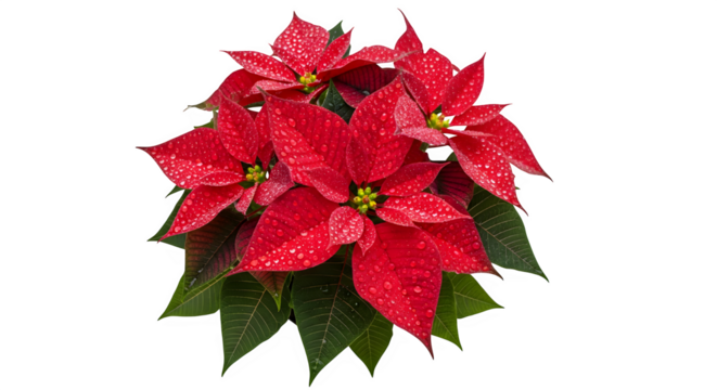 Vibrant red poinsettia flowers with green leaves isolated on transparent background