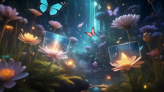 Enchanting digital garden with glowing flowers and fluttering butterflies, a surreal fantasy landscape