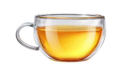 Steaming hot tea in a transparent glass cup showcasing rich amber color, cozy beverage concept perfect for relaxation and breakfast isolated on white background
