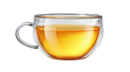 Steaming hot tea in a transparent glass cup showcasing rich amber color, cozy beverage concept perfect for relaxation and breakfast isolated on white background
