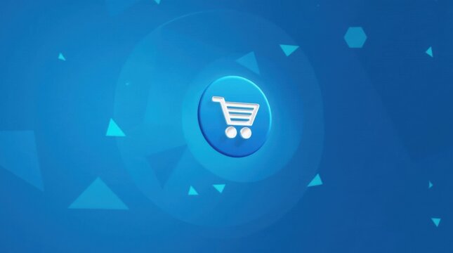 Venta minorista digital con un icono minimalista de carrito de compras flotando sobre formas geom&eacute;tricas