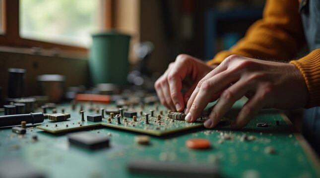 Manos de un aprendiz adulto apretando tornillos de una placa de circuito impreso en un taller